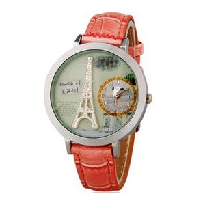 Stylowy niepowtarzalny damski kwarcowy zegarek Wieża Eiffla (pasek różowy skóra)
