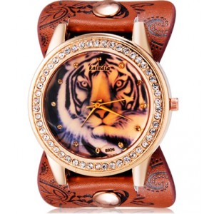 Ciekawy zegarek damski z wizerunkiem głowy tygrysa z kryształkami (brązowy)